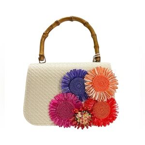 NEW Haute Hippie Woven Straw Satchel Handbag Bamboo Handle Floral Appliques